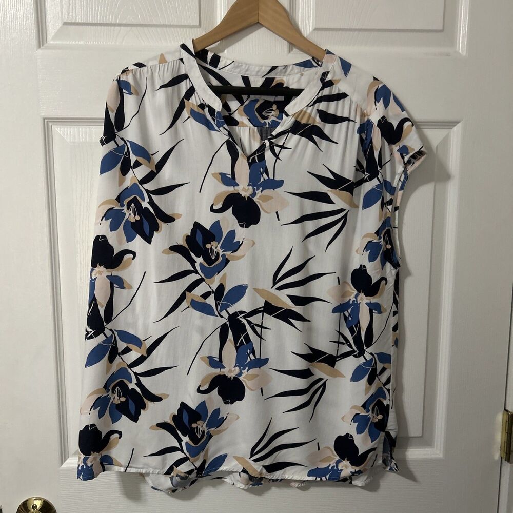 Liz Claiborne Women's XL V-Neck Blouse Cap Sleeve Floral Blouse Shirt Top